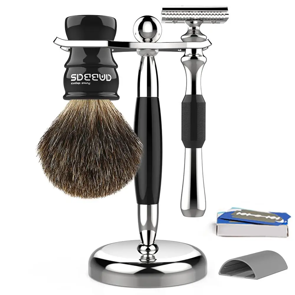 Anbbas 3pcs Wet Shaving Set with Pure Badger Hair Brush and Alloy Solid Ebony Wood Razor Stand Holder | Красота и здоровье