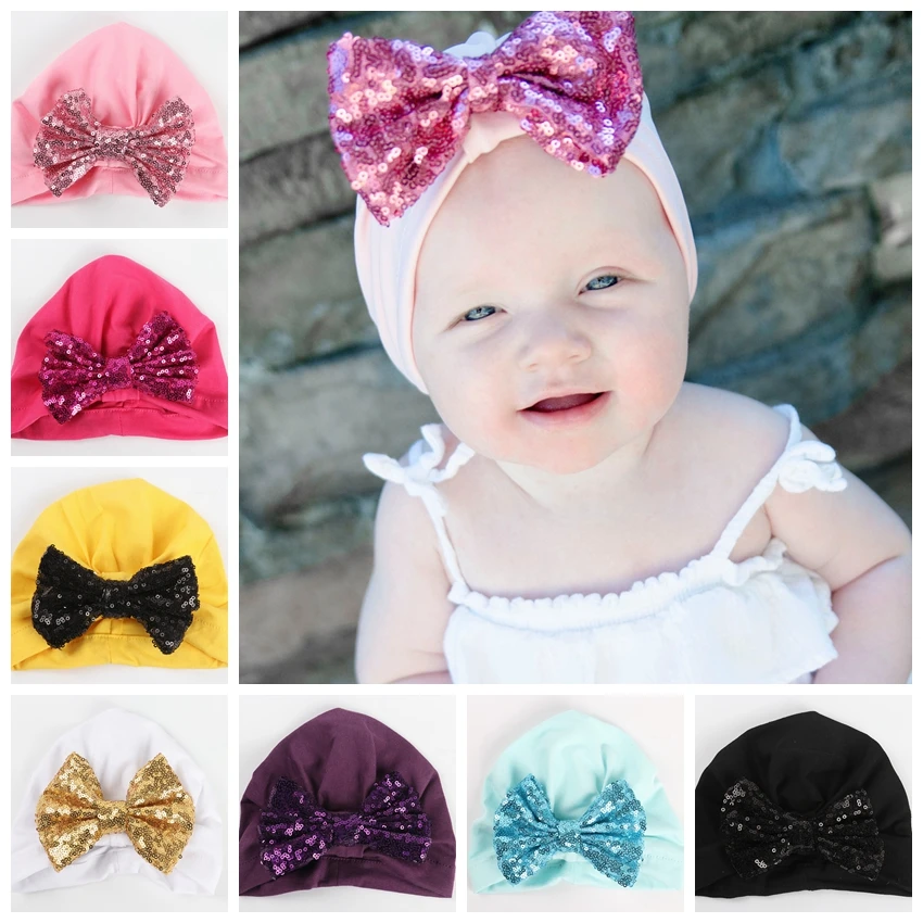 Yundfly Newborn Bow Turban Hat Cotton Blend Kids Cap Beanie Hair Bow Knot Handmade Hats Hair Accessories Christmas Gift