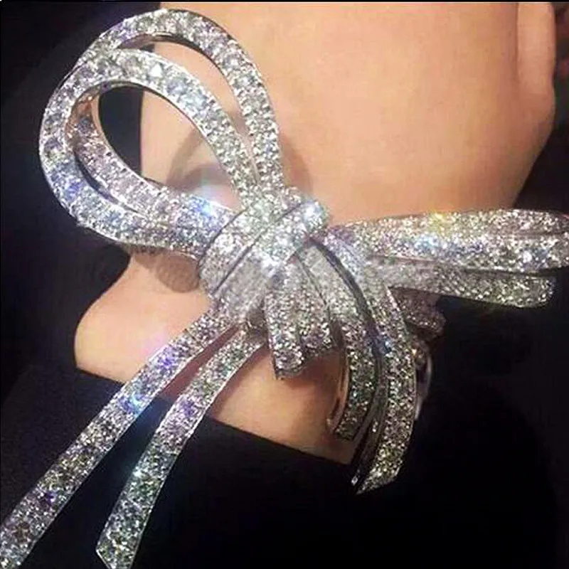 

Brand design shiny full rhinestone zircon inlaid bowknot bangles luxury elegant opening charm bracelet jewelry women