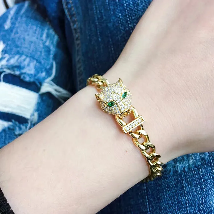 

vintage style 316L stainless steel chain link panther bracelet with green eyes fashion women leopoard tank chain bracelets