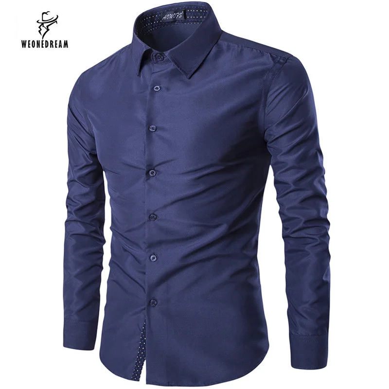 Weonedream/Новая коллекция Для мужчин S Рубашки домашние муж. отложной воротник Slim Fit с длинным рукавом Для мужчин Сорочки выходные для мужчин Мужская одежда 3XL 5 цветов - Цвет: navy blue