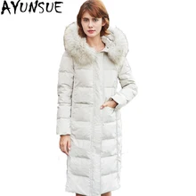 Европейский стиль, зимняя женская куртка, воротник из натурального меха енота, белая парка на утином пуху, тонкое длинное зимнее пальто для женщин, высокое качество, ST420