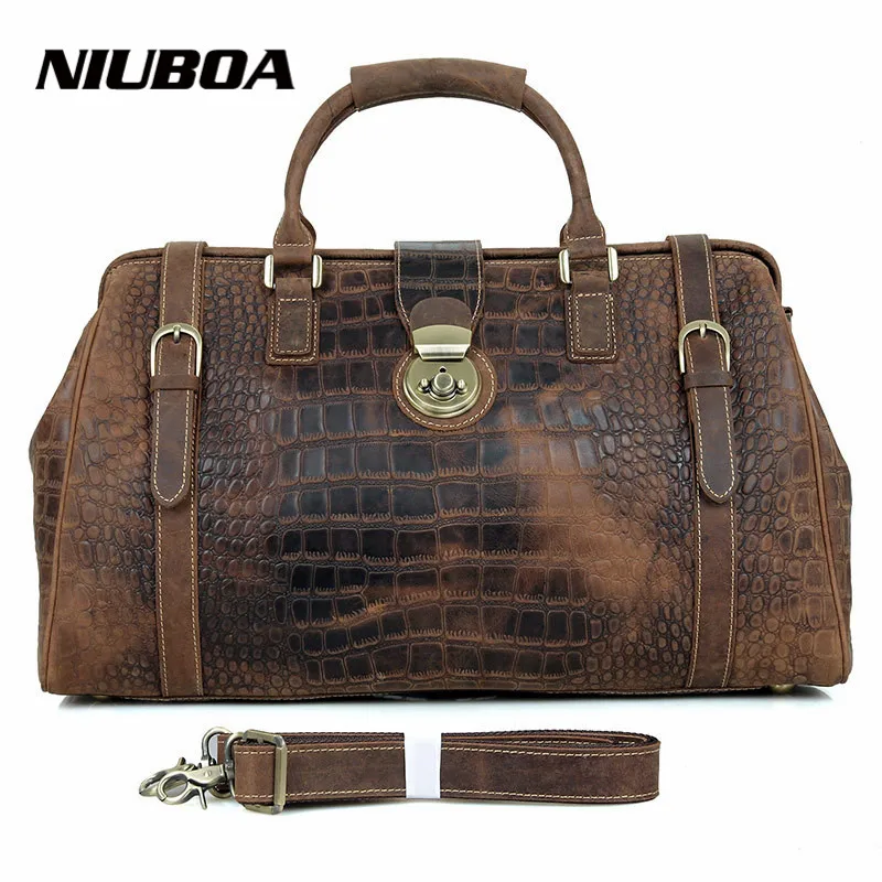 NIUBOA Men's Travel Bags Vintage 100%Genuine Leather Big Capacity Luggage Waterproof Weekend Duffle Cowhide Travel Shoulder Bags