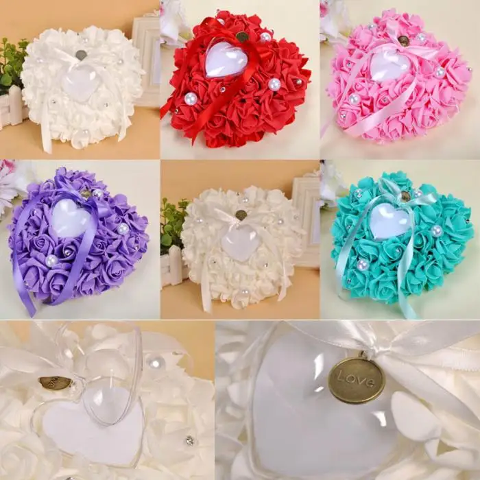

Heart-shaped Ring Box Rhinestone Pearl Ring Pillow Box Bowknot Bride Wedding Ring Pillow Ribbon Foam Rose Wedding Decoration