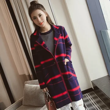 

Women Sweater Autumn Winter Casual Long Dress Coat Blazer Collar Grid Stripe Two Grain Of Buckle Knitting Cardigan Trench Coat