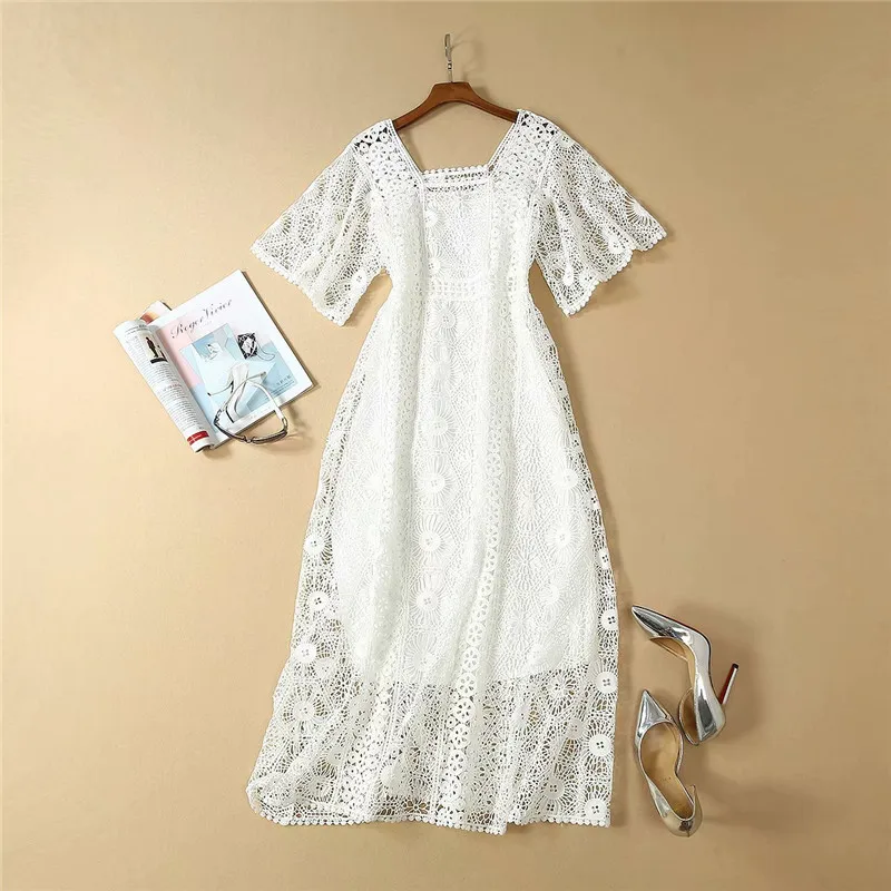 Высококачественное дизайнерское платье для подиума женское летнее винтажное белое/черное открытое кружевное длинное платье vestido longo