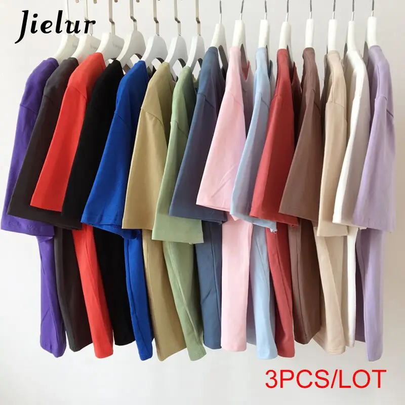 

Jielur 3PCS/LOT Tee Tops Female 15 Colors Basic Casual O-neck Tshirt Women Harajuku Summer Top Short Sleeve White T Shirt S-XL