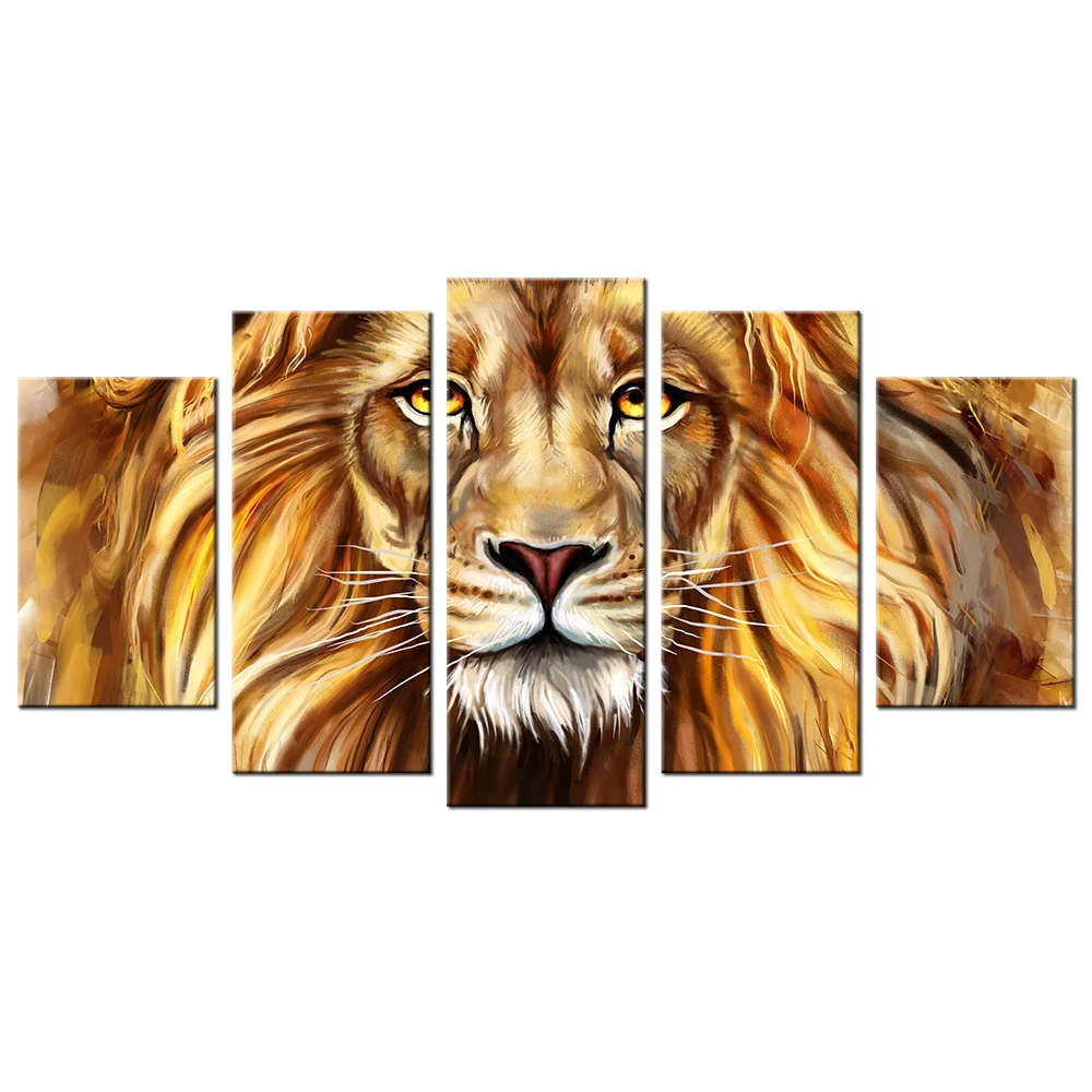 5 Piece Lion Canvas Wall Art Modern Prints Brown Lion King Oil Painting
