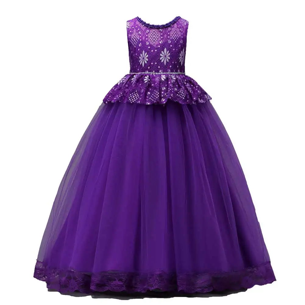 

Kids Lace Princess Dresses Floral Long Dress Beading Party Fancy Vestidos Sleeveless Clothes Girls 4-15Years Ball Gown 6 Colors