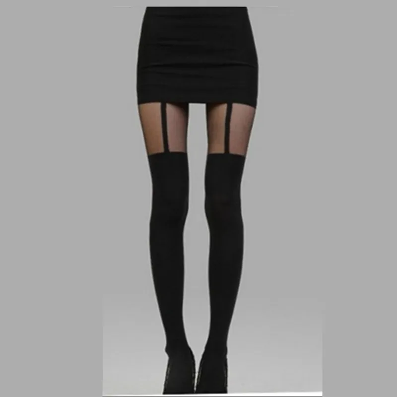 2018 Sexy Women Black Fake Garter Belt Suspender Tights Over The Knee ...