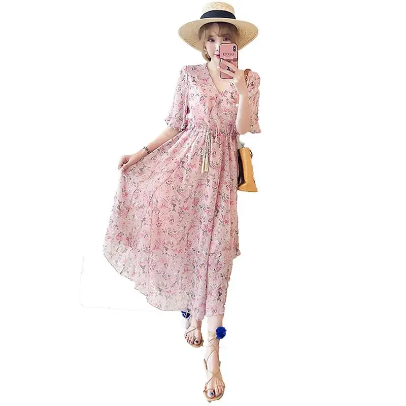 

2019 New Pregnant Women Print Flower Chiffon Nursing Dress Plus Size Pregnancy Clothes Maternity Flare Sleeve Beach Dress Q904