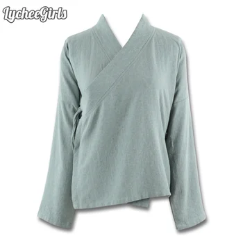 

LycheeGirls Chinese Style Women Blouse Solid Lace Up V Neck Casual Loose Long Sleeve Shirt Tops Outwear F