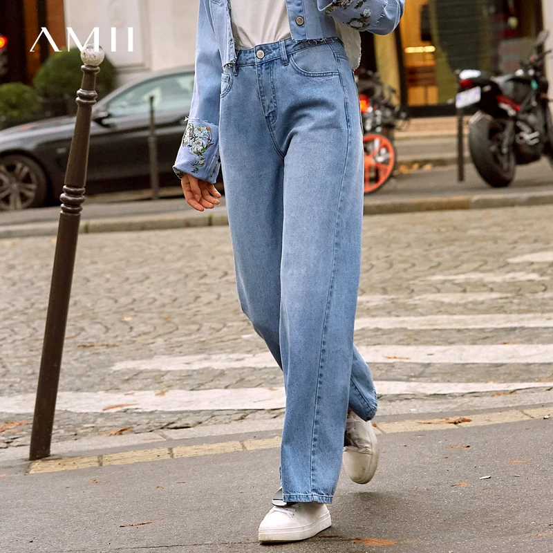 

Amii Minimalist Wide Leg Pants Women 2019 Causal Bleached Loose High Waist Denim Pants Vintage Female Trousers
