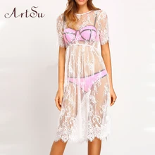 Women Midi Dresses Casual Long Black Short Sleeve O Neck See Through Beach Wear Lace Sexy Dress DR5992
