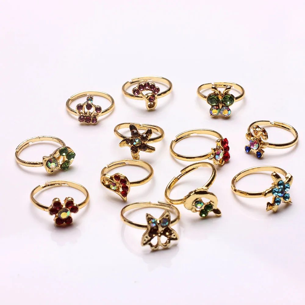 Wholesale Mixed 50pcs Assorted Cartoon Crystal Adjustable Gold Rings Kids Girls Boy Mix Styles Colorful Ring Party Jewelry