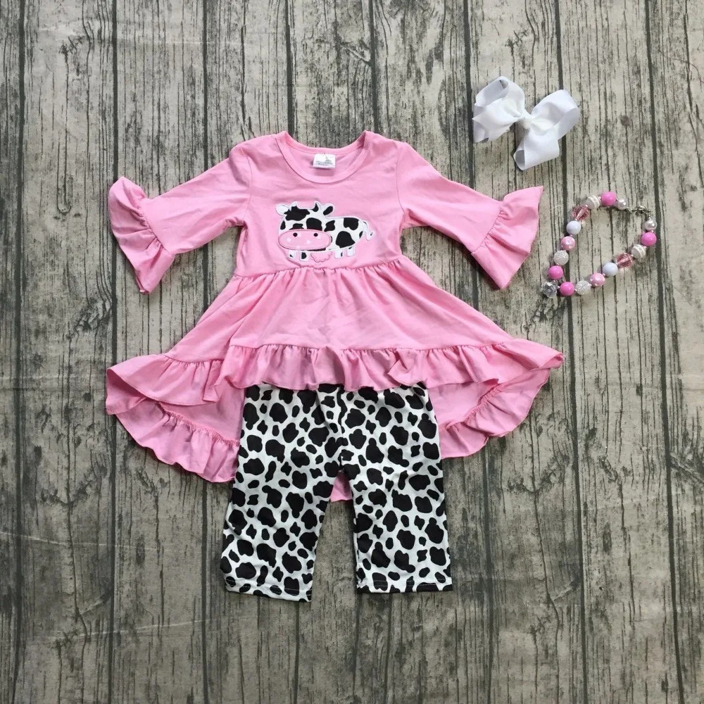 

Spring/Summer girls boutique cow Capri set pink farm girl outfit baby kids wear with matching accessories