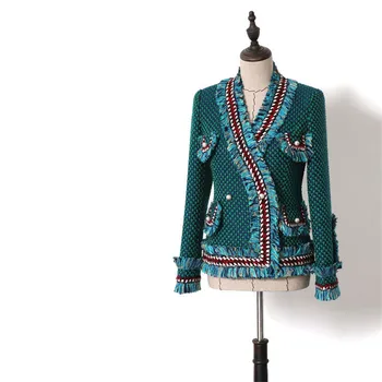 

Autumn Winter Runway Designer Coat Women 2019 Elegant Green Pearl Tassel Long Sleeve Short Slim Wool Coat Jacket