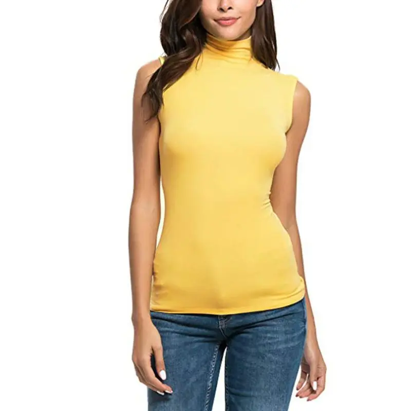 Женский весенне-летний базовый топ без рукавов, однотонный тонкий жилет, футболка с воротником под горло, Повседневный пуловер, топы - Цвет: Цвет: желтый
