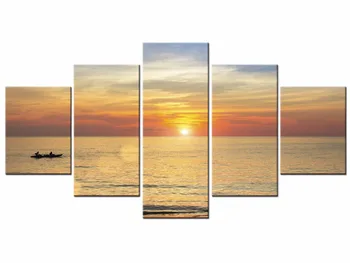 

5 Pieces Modern Prints Beach Seascape Sea Boat Sunset oil Painting Cuadros Wall Picture For Living Room decor Framed J009-047