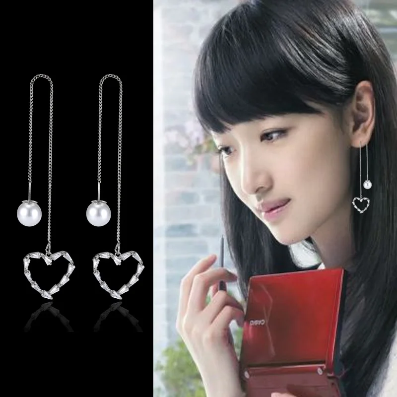 korean heart cubic zircon pearl long Tassel Earrings for womenin Stud