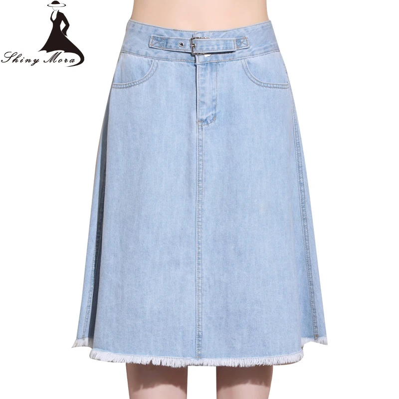 

SHINYMORA Summer Jeans Skirts Women A Line Denim Skirts Knee Length Light Blue Casual Skirts High Waist Pocket Fashion Skirts
