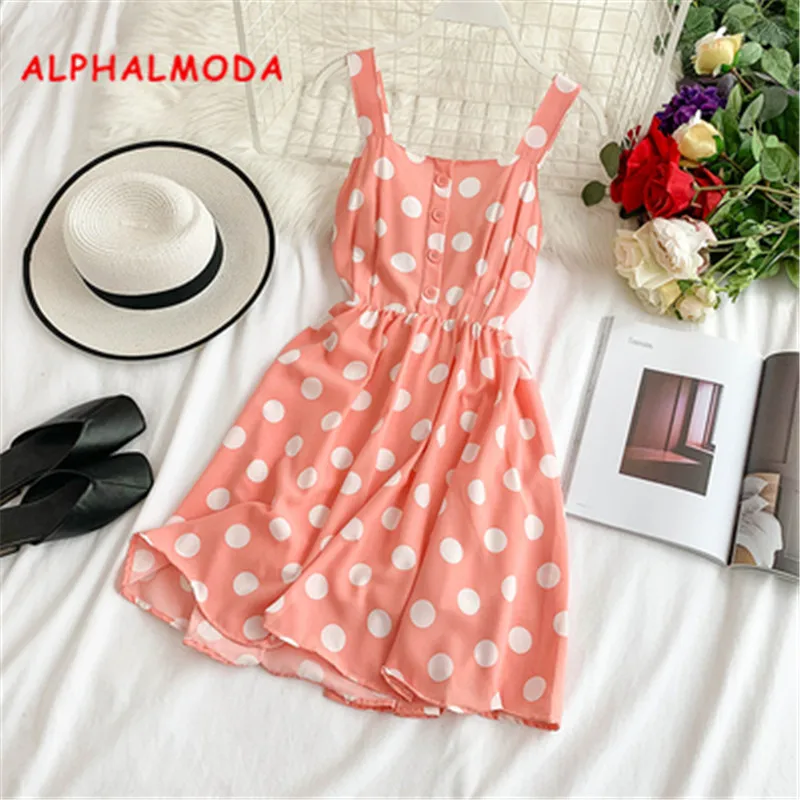 

ALPHALMODA 2019 Summer Women's Popular Polka Dot Tank Dress Stretchy Bust High Waist Short Summer Chiffon Vestidos Resort Dress