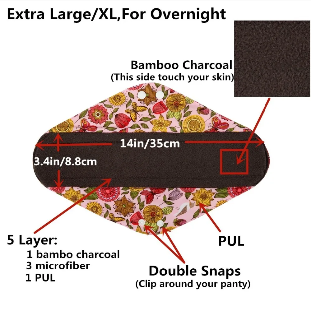 [Sigzagor] 1 очень большой размер XL многоразовые угольно-Бамбуковые подушечки для мам, гигиенические подушечки для беременных, 14 дюймов 35 см 42 принта