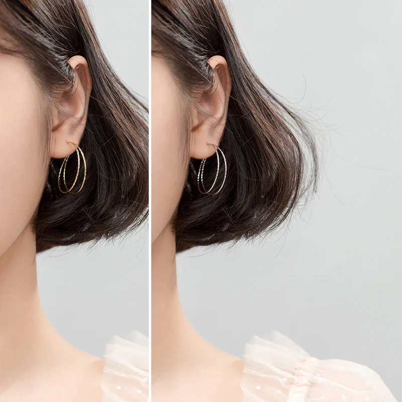 

S925 Silver Ring Earrings Female Japanese Style Gold Color Simple Hollow Creative Unusual Earrings Fashion Big Earing