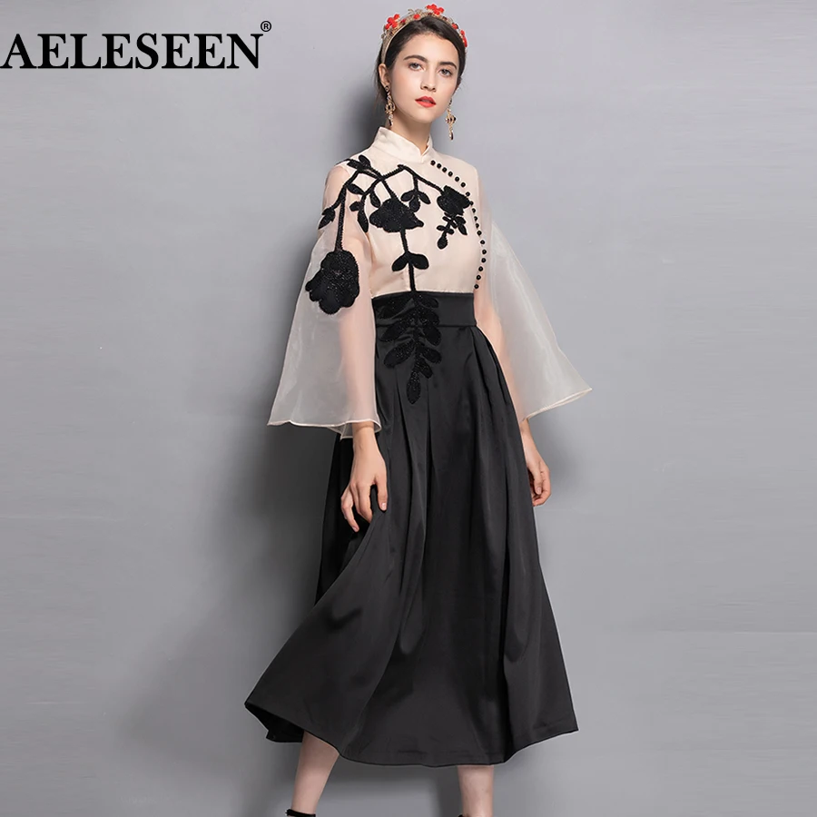 Aelesen Alargamento Manga Longa Vestidos Vintage Moda Retalhos Organza Bordado Turtleneck Beading Outono 2020 Vestido Longo Pista