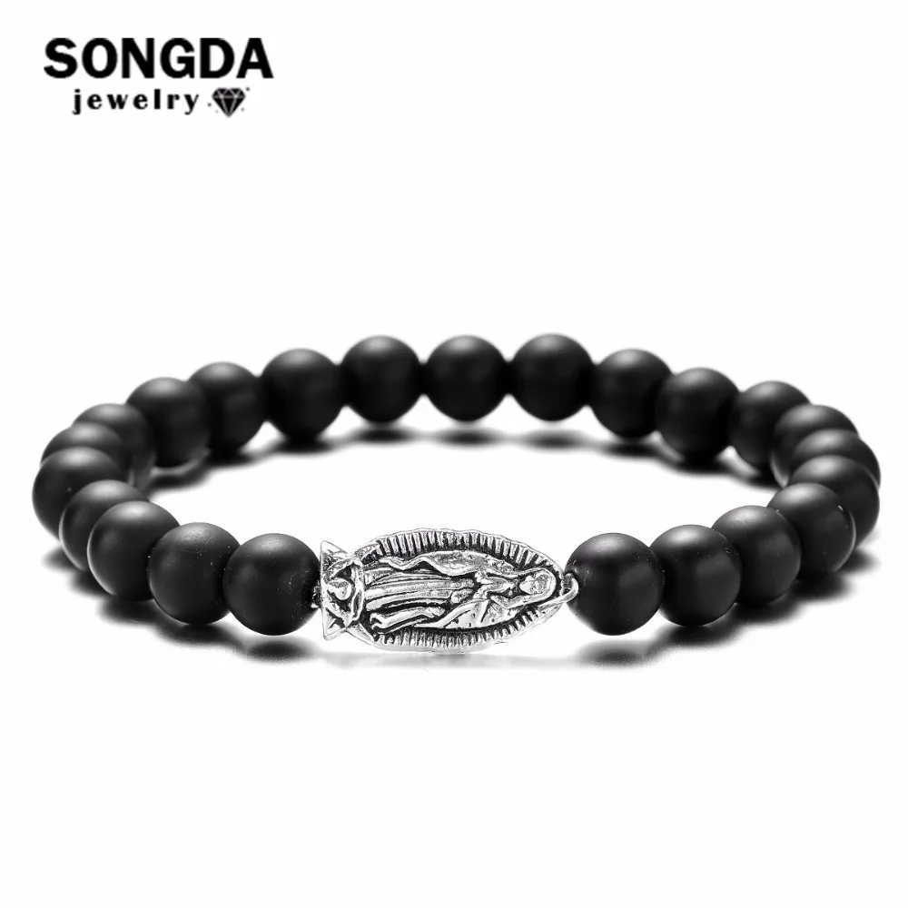 

SONGDA Nice Natural Stone Beads Bracelet Classic Charm Matte Black Virgin Mary Faith Power Beaded Bracelet Bangle for Men Women
