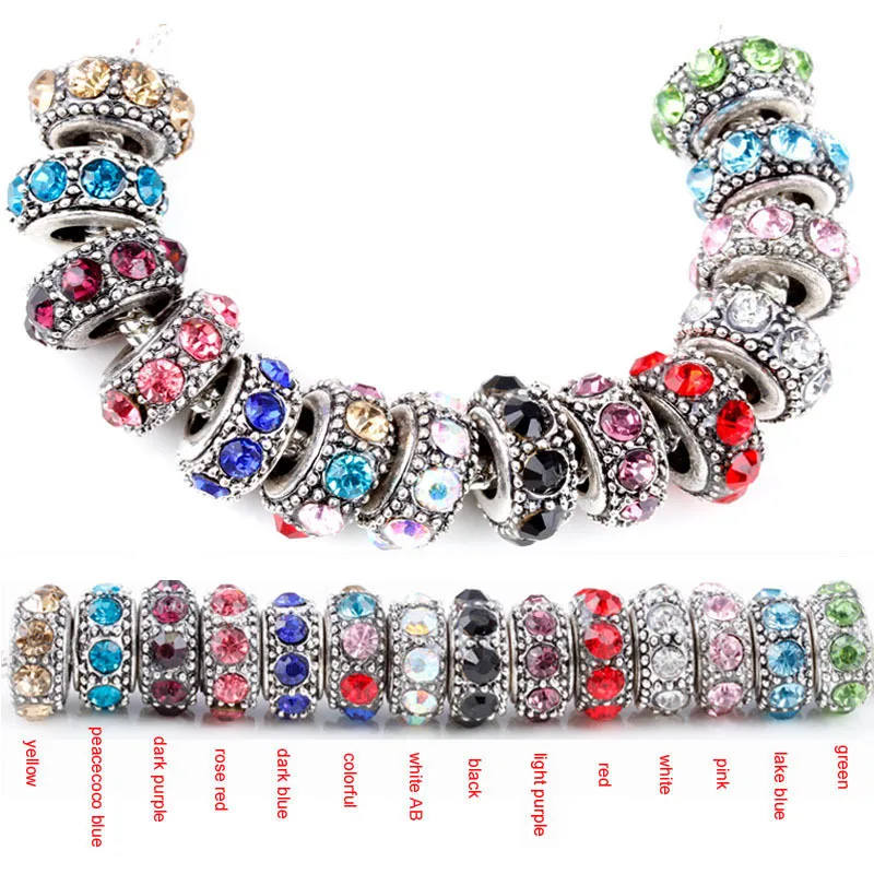 

free shipping 1pc European round 14 colors crystal can choose big hole bead charm Fits Pandora Charm Bracelets A115