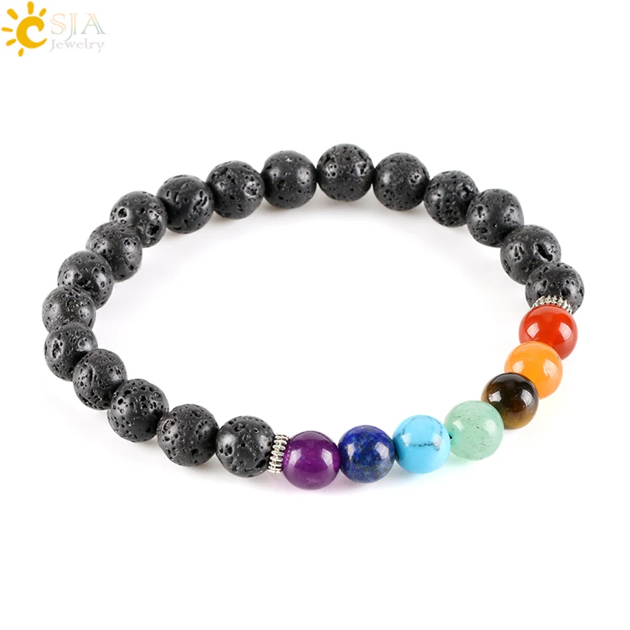 

CSJA 8mm Women Men Natural Black Lava Rock Beads 7 Chakra Bracelets Healing Energy Stone Meditation Gem Stone Mala Bracelet E278