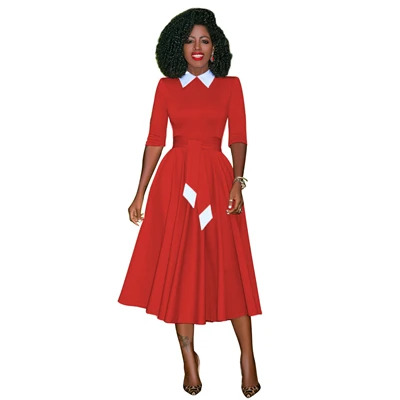 Adogirl однотонное женское миди расклешенное платье с отложным воротником и рукавом средней длины, винтажное вечернее платье для офиса, деловой наряд, одежда для работы - Цвет: red dress