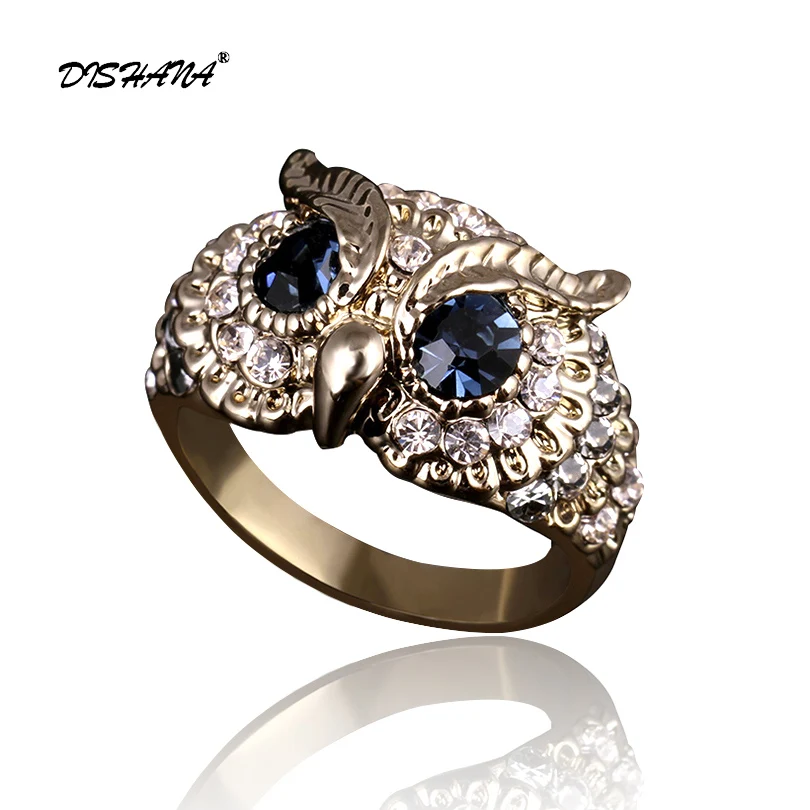 Fashion Brand Design New Classical Colorful Rhinestones Jewelry Blue Crystals Eyes Owl Ring For Women/ Men Jewelry(KA0005)