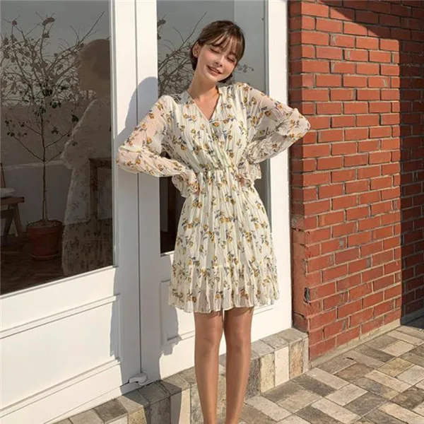 

RUGOD v neck women dress floral print perspective white midi fairy style vintage sweet ladylike korean style vestido de festa