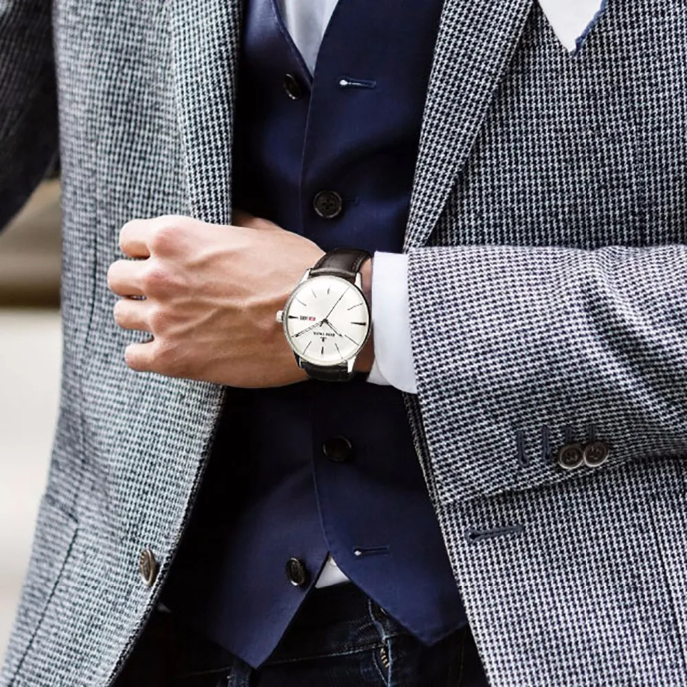  Reef Tiger/RT Classic Casual Watches with Date Day Steel Automatic Watches Convex Lens Genuine Leat
