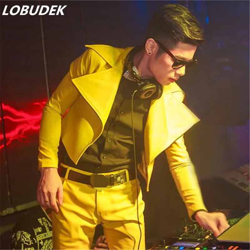 Male jacket trend DJ costume costumes leather blazer coat yellow for