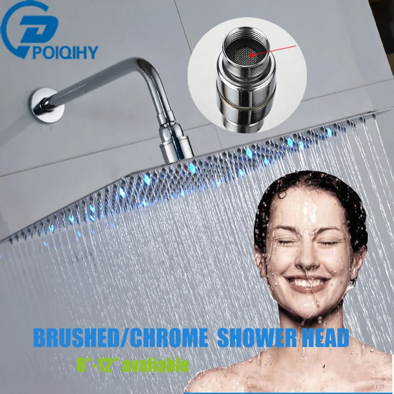 

POIQIHY 8''-12'' Shower Head with LED Chrome/Brushed Square Shower Heads Rainfall Shower Head Bathroom Accessories Wall Mounted