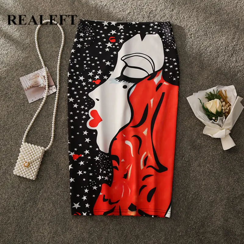 

REALEFT Women Cartoon Print Pencil Wrap Skirts New Arrival High Waist Knee-Length Split Bodycon Sheath Midi Skirts for Ladies