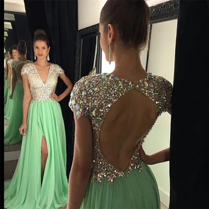 

2016 Hot Sparkly Backless Crystal Beads Cap short Sleeves V-Neck Chiffon Front Split Green Evening prom Dresses long for women