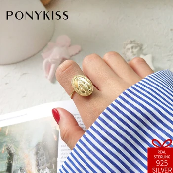 

PONYKISS Bohemia 100% 925 Sterling Silver Adjustable Opening Maria Oval Ring Fine Jewelry Women Birthday Party Anniversary