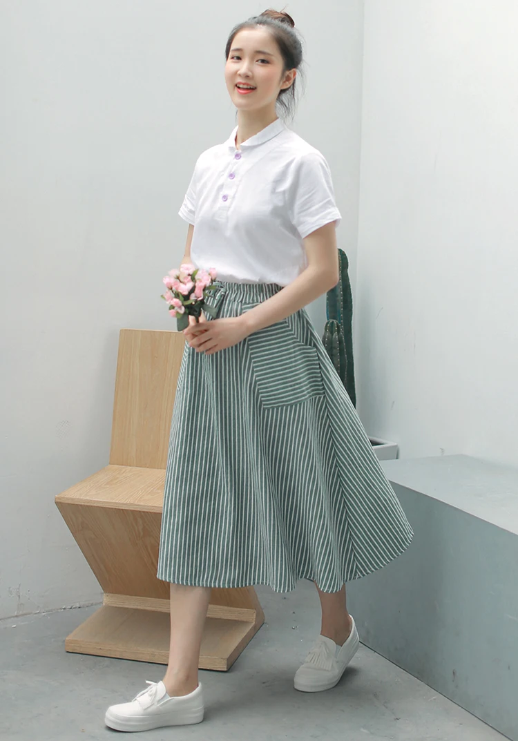 leather skirt Spring Summer Women Vertical stripes Skirts Casual Loose Cotton Linen Female With Pockets Vintage Elastic waist lacing Skirts tennis skirt outfits