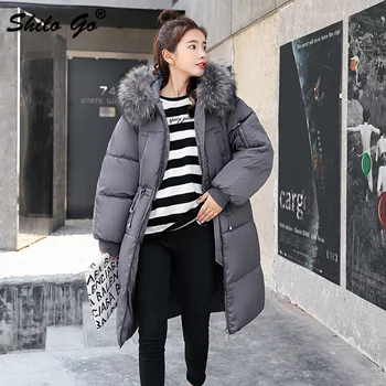 

SHILO GO Korea Pleated Waist Fur collar Hooded long coat women parkas Winter coat zipper cotton warm coat thicken outwear female