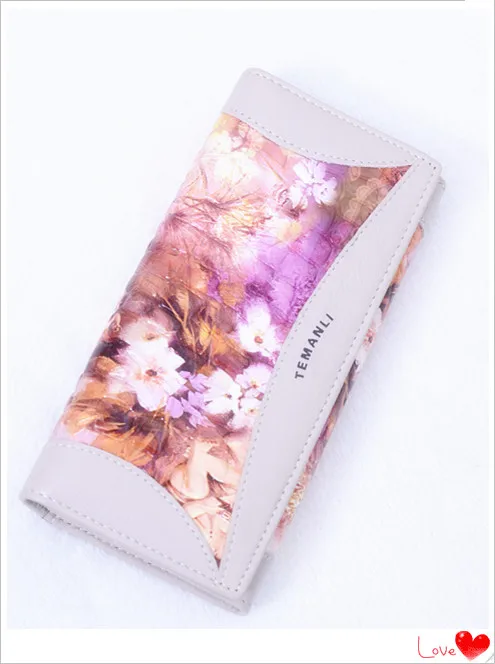 

Women fashion flora print genuine leather wallet genuine sheepskin purse vintage day clutch bag