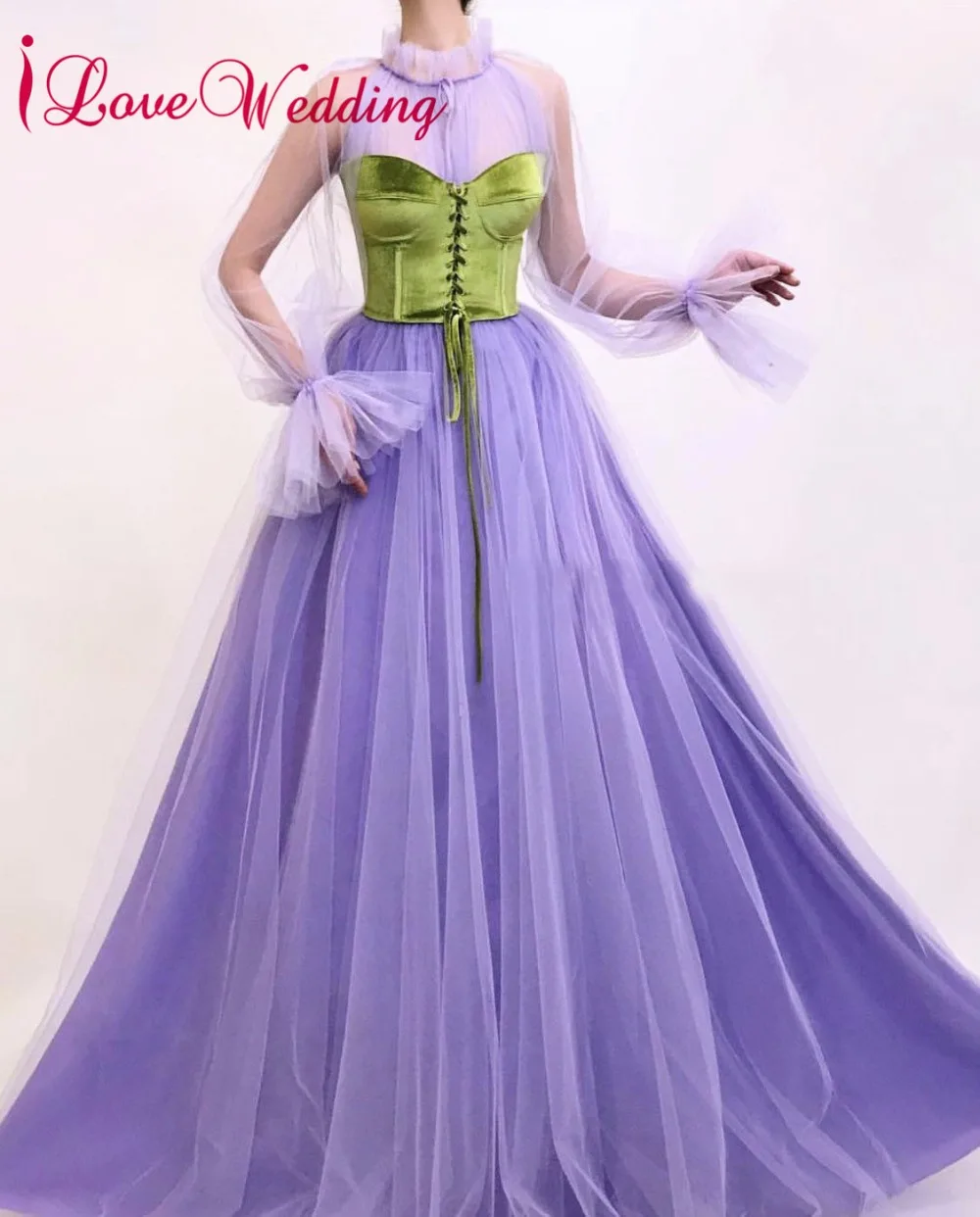

New Fashion 2019 High Neck Lilac Tulle Prom Gown Custom made A Line Long Sleeves Arabic Style Prom Party Dresses