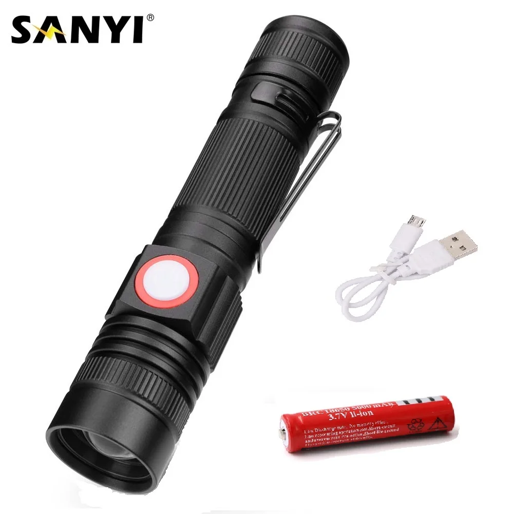 Sanyi USB Перезаряжаемый фонарик, 3 режима, светодиодный, тактический фонарь, масштабируемый, фокусирующий фонарь, зарядка через usb, 18650 фонарь для рыбалки