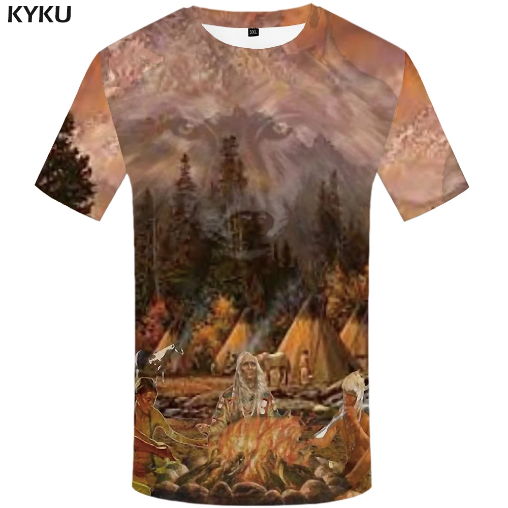 

KYKU Indians T-shirt Men Wolf Tshirt Flame Funny T Shirts Forest 3d Mountain Print T Shirt Cool Anime Mens Clothing Casual Tops