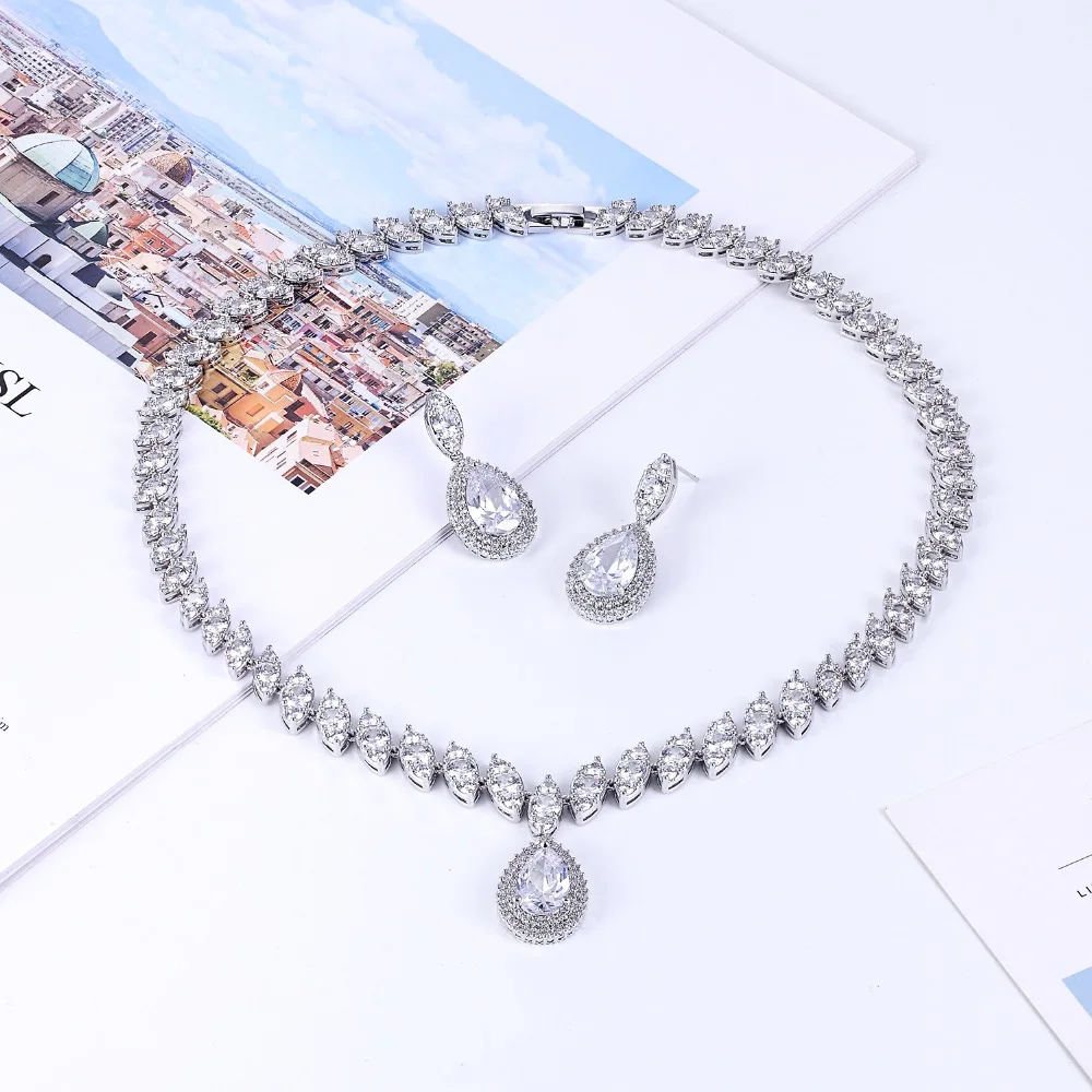 Crystal CZ Cubic Zirconia Bridal Wedding Drop Necklace Earring Set Jewelry Sets Women Accessories CN10001 5 Crystal CZ Cubic Zirconia Bridal Wedding Drop Necklace Earring Set Jewelry Sets Women Accessories CN10001 - Image 5