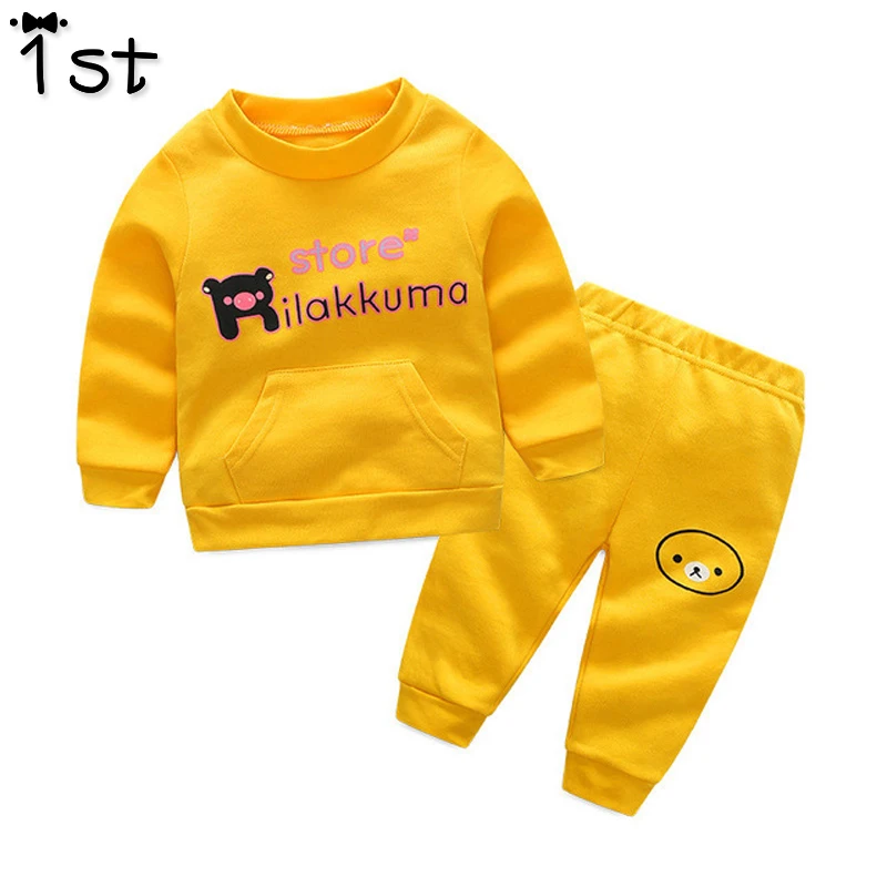 

1st Baby Clothing Set 2017 Autumn New O-neck Letter Long Sleeve Cotton Pocket Cartoon Shirt + Casual Pants Kids Clothes Suit k1