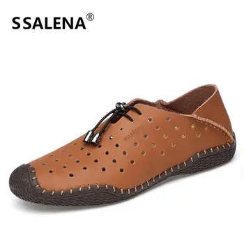 

Men Breathable Mesh Leather Casual Shoes Male Handmade Sewing Flats Shoes Men Lace Up Anti-slip Loafers Shoes AA52055